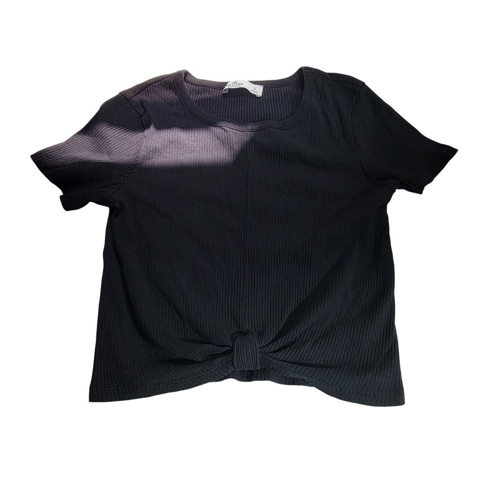 Hollister Womens Black Ribbed Short Sleeve Front Knot Crop Top Size S